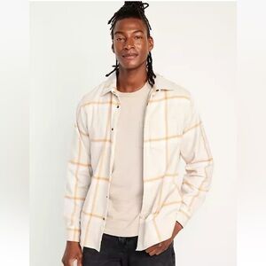 Old Navy Plaid Shirt Jacket Cozy-Lined Shacket Mens XL Tall Beige Fleece NEW